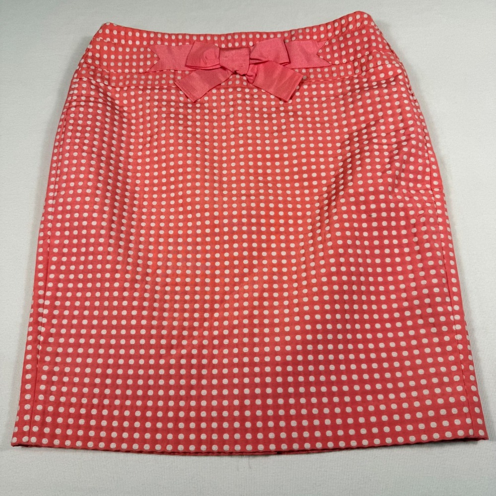LOFT Polka Dot Pencil Skirt 0 Coral Pink White Bow Detail Textured Mini Skirt